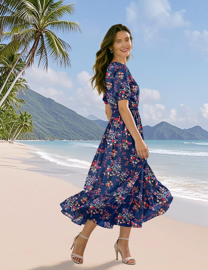 YESNO Women's Summer Floral Maxi Dresses Boho Puff Sleeve Casual Drawstring Ruffle Tiered Hem Beach Dress with Pockets ECS XL ECS CR030 - Image 5