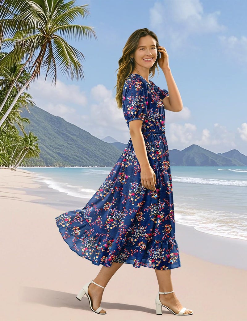 YESNO Women's Summer Floral Maxi Dresses Boho Puff Sleeve Casual Drawstring Ruffle Tiered Hem Beach Dress with Pockets ECS XL ECS CR030 - Image 4