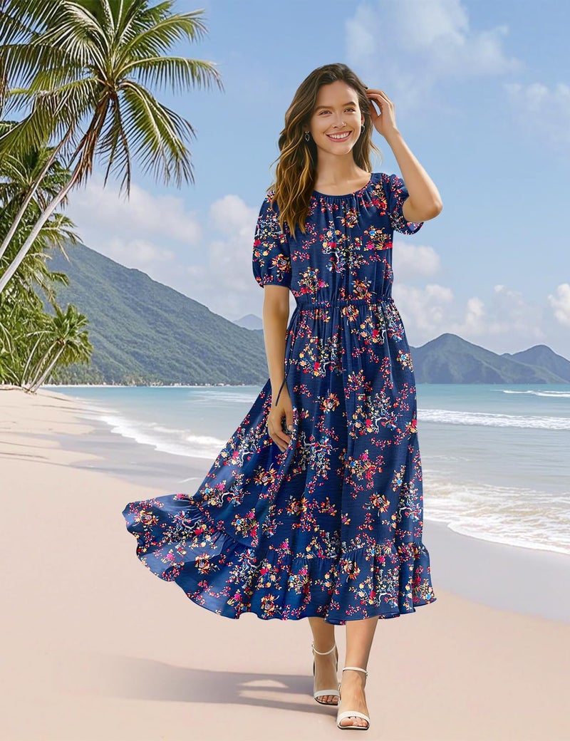 YESNO Women's Summer Floral Maxi Dresses Boho Puff Sleeve Casual Drawstring Ruffle Tiered Hem Beach Dress with Pockets ECS XL ECS CR030 - Image 2