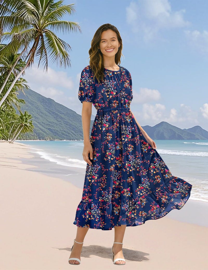 YESNO Women's Summer Floral Maxi Dresses Boho Puff Sleeve Casual Drawstring Ruffle Tiered Hem Beach Dress with Pockets ECS XL ECS CR030 - Image 3