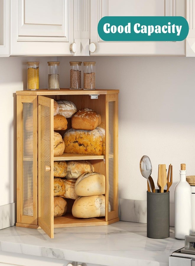 Vriccc Corner Bread Box, Large Bamboo Bread Box for Kitchen Countertop, 2 Tier Wooden Bread Storage (Natural, Large) - Image 3