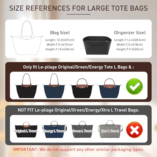 Doxo Long Champ Organizer Insert Bag Organizer Insert for le pliage Large and More Lightweight Waterproof DupontPaper Keeps Handbags Shaped Neat 6 Compartments 4 Size Black L - Image 3