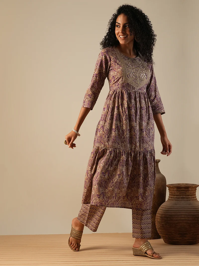 globus Women Floral Printed Embroidered Detail Pure Cotton Anarkali Kurta With Trousers