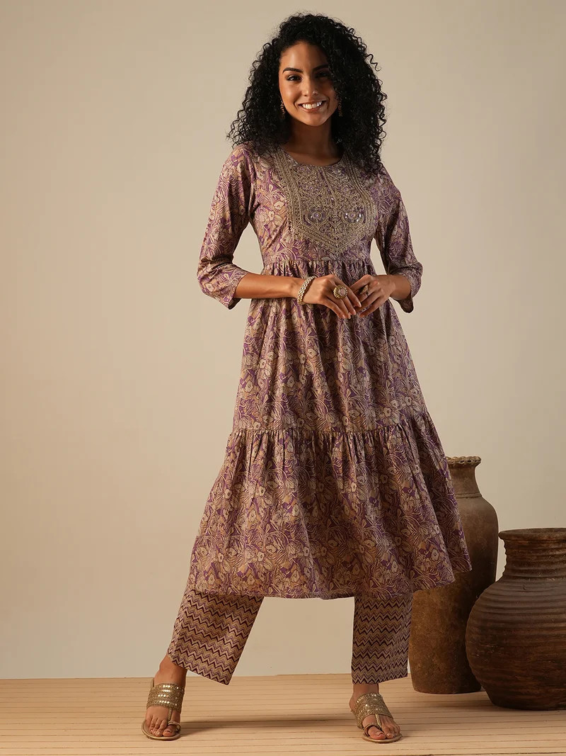 globus Women Floral Printed Embroidered Detail Pure Cotton Anarkali Kurta With Trousers