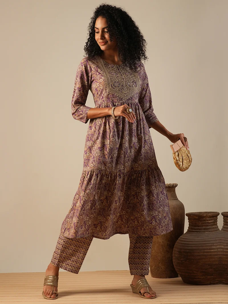globus Women Floral Printed Embroidered Detail Pure Cotton Anarkali Kurta With Trousers