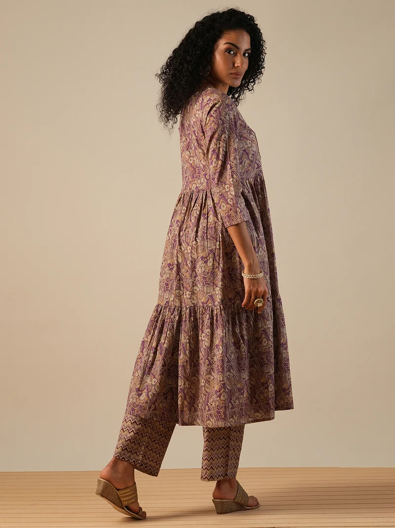 globus Women Floral Printed Embroidered Detail Pure Cotton Anarkali Kurta With Trousers
