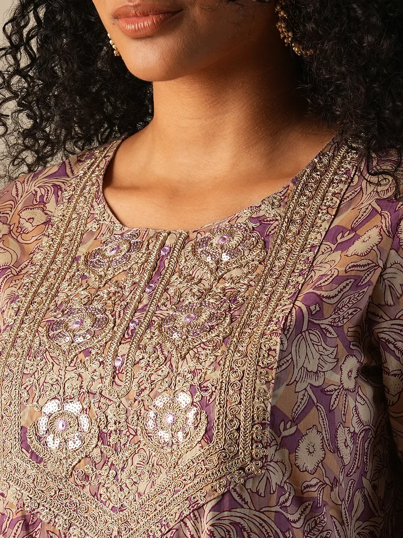 globus Women Floral Printed Embroidered Detail Pure Cotton Anarkali Kurta With Trousers