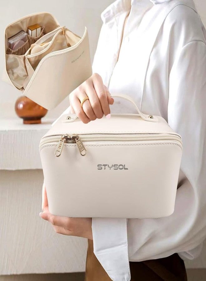 Stysol حقيبة مستحضرات تجميل للسفر من ستيسول ذات سعة كبيرة، حقيبة مكياج جلدية بمقبض وفاصل، حقيبة مستحضرات تجميل مقاومة للماء، حقيبة أدوات تجميل جلدية محمولة، حقيبة مستحضرات تجميل واسعة للنساء والفتيات (أبيض) - Image 2