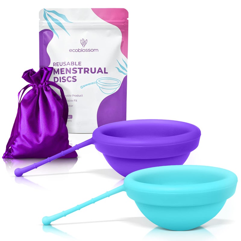 EcoBlossom Reusable Menstrual Disc with Removal String - The Most Reliable Medical Grade Silicone Period Discs - Comfortably use for 12 Hours (Pack of 2, Violet & Teal) - Image 1