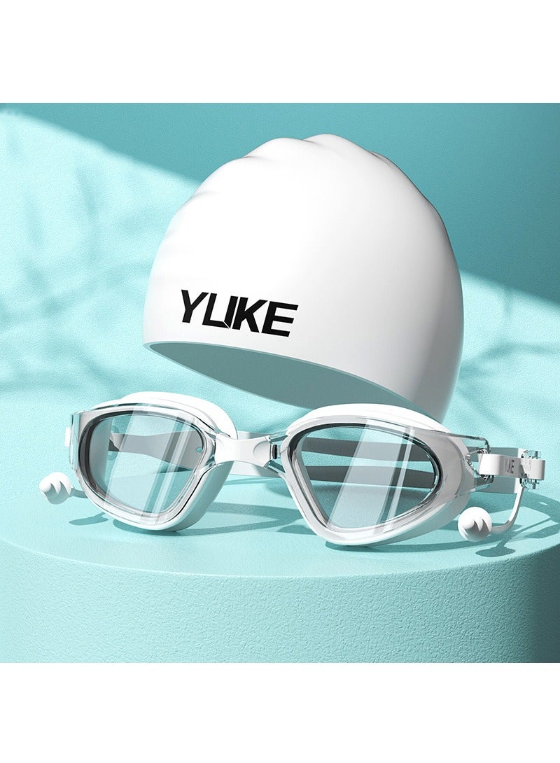 YUKE 3D Anti-Fog Swimming Goggles for Adults - Swimming Goggles Set with Swimming Cap, Ear Plugs, Nose Clip, Waterproof Leak-proof Swimming Goggles with Adjustable Silicone Goggle Strap Suitable for Men, Women (White) - Image 1