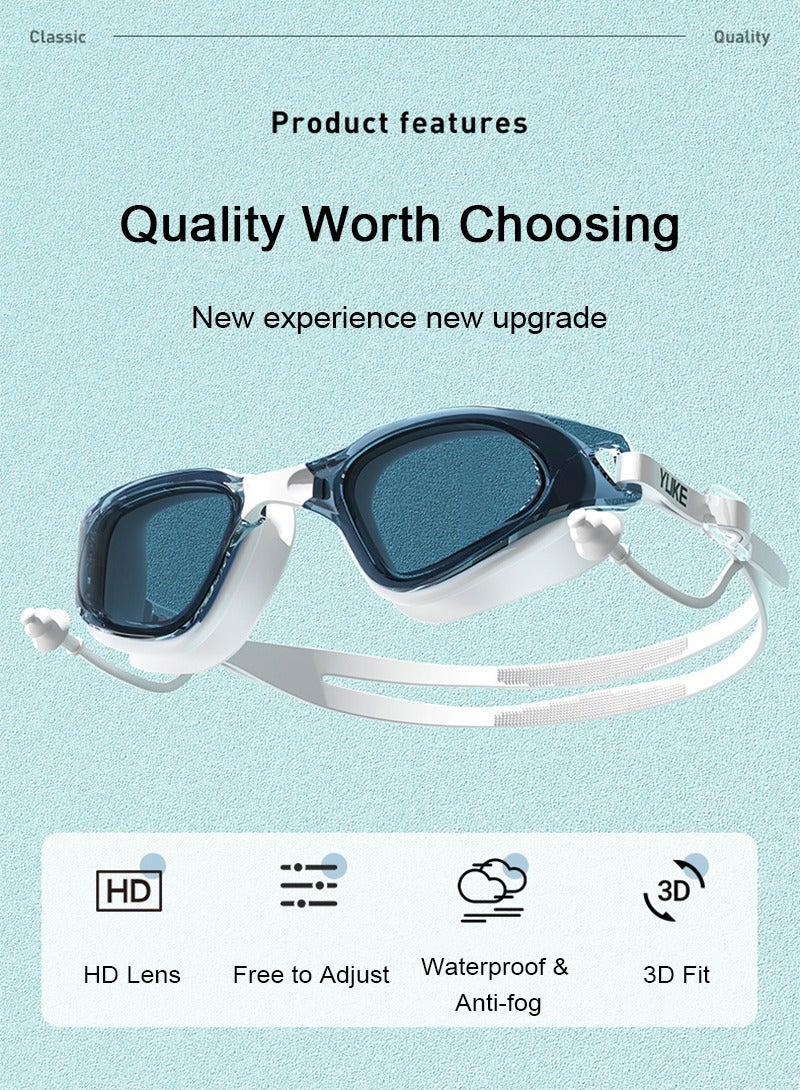 YUKE 3D Anti-Fog Swimming Goggles for Adults - Swimming Goggles Set with Swimming Cap, Ear Plugs, Nose Clip, Waterproof Leak-proof Swimming Goggles with Adjustable Silicone Goggle Strap Suitable for Men, Women (White) - Image 2