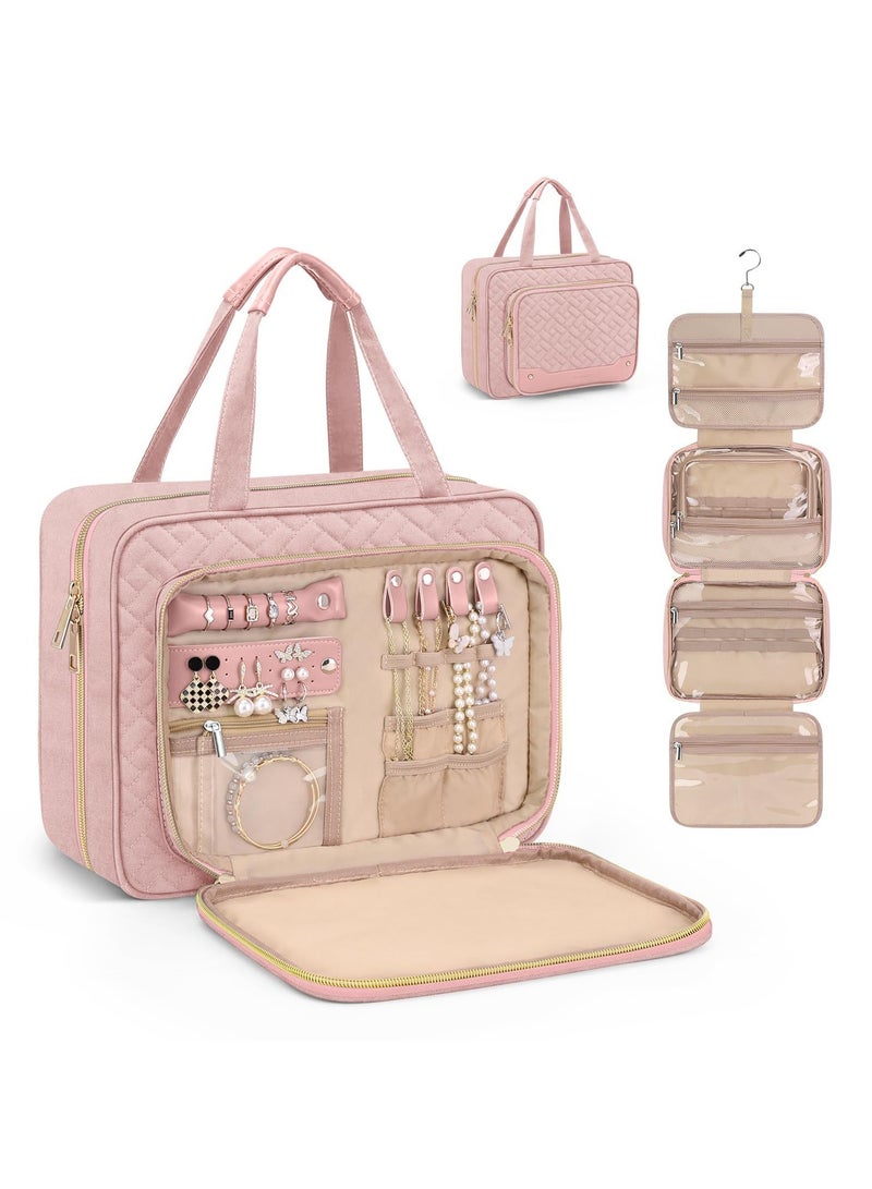 عام حقيبة مستلزمات السفر المعلقة مع مكان مخصص للمجوهرات، حقيبة مكياج محمولة، طقم منظم للسفر بدون فوضى. - Image 1
