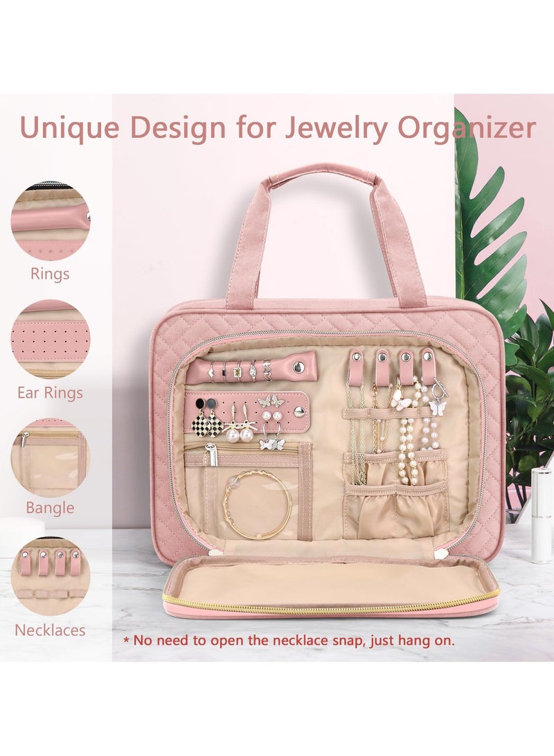 عام حقيبة مستلزمات السفر المعلقة مع مكان مخصص للمجوهرات، حقيبة مكياج محمولة، طقم منظم للسفر بدون فوضى. - Image 3