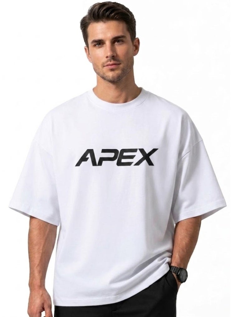 أبيكس تيشرت رجالي أوفرسايز فاخر من أبكس (APEX) – قطن نقي وتصميم رياضي كاجوال – لون أبيض مميز - Image 1