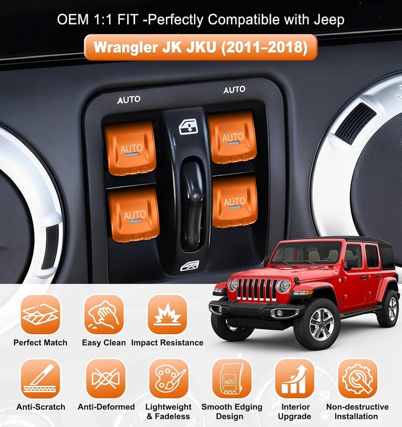 Eamplest Upgrade Metal Window Switch Button Cover Fit for Jeep Wrangler JK JKU 2018 2017 2016 2015 2014 2013 2012 2011 Accessories,Interior Trim Kit 4PCS (Orange) - Image 3