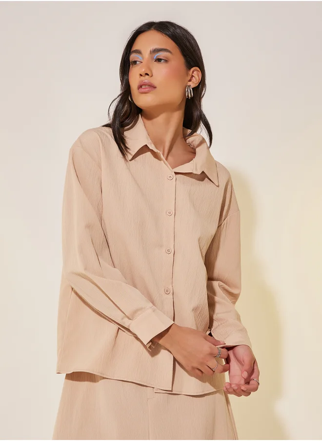 Styli Solid Spread Collar Shirt and Skirt Co-Ords
