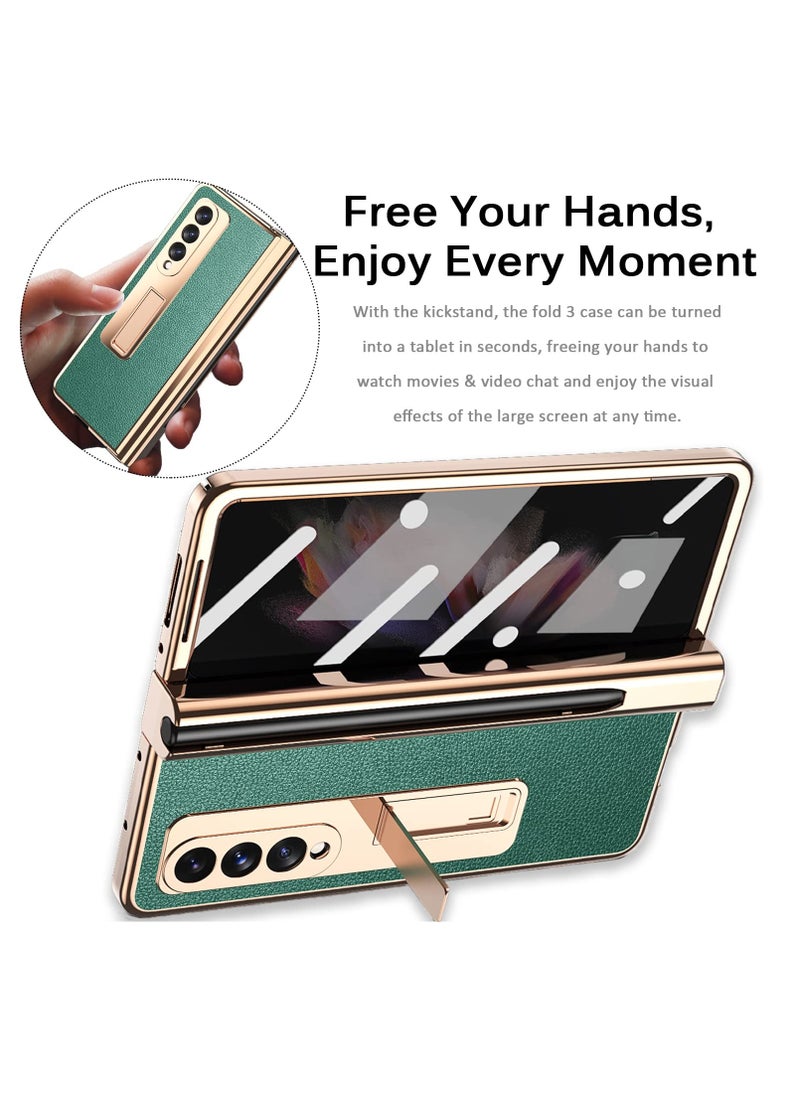 Generic Samsung Galaxy Z Fold 3 Case with Pen Holder, Back with bracket Leather Pattern Tempered Glass Screen Protector Plating All-Inclusive Hinge Protective Cover(Green)  - Image 3