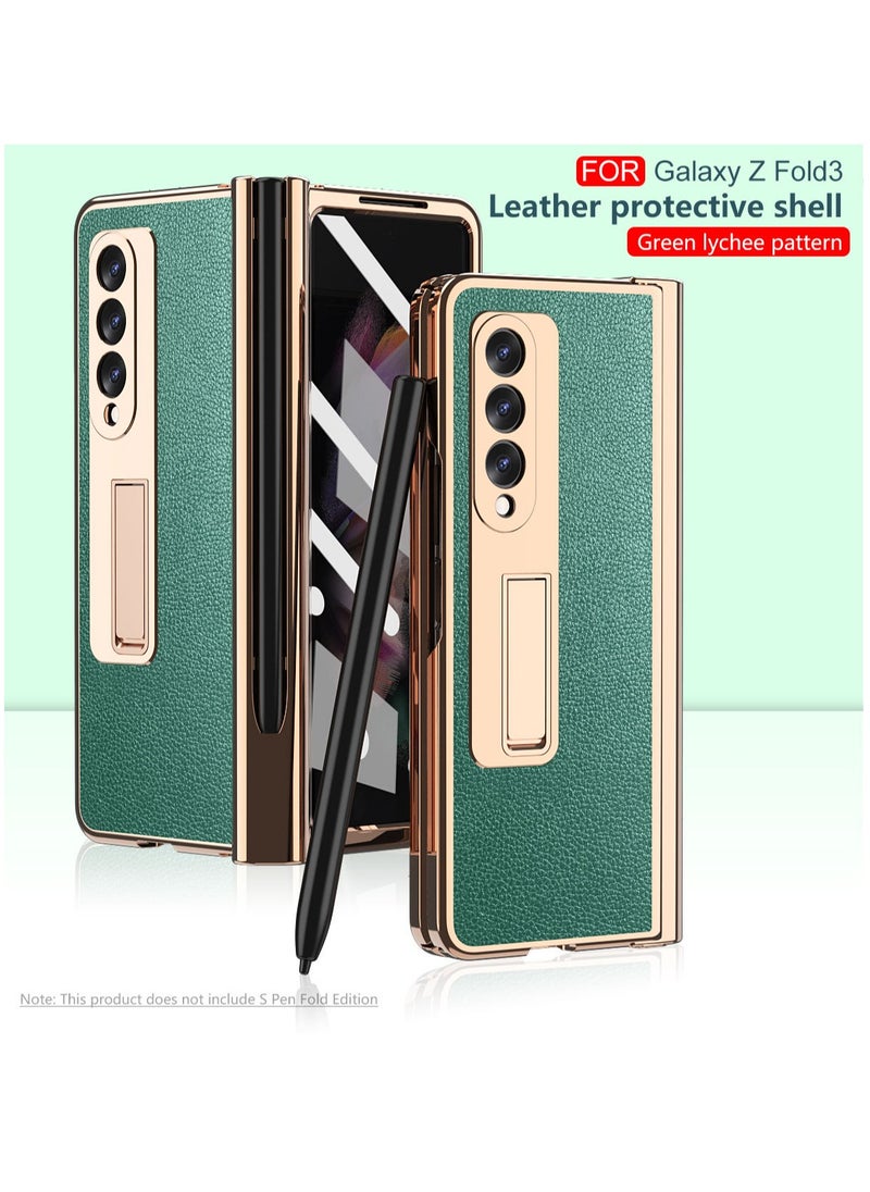 Generic Samsung Galaxy Z Fold 3 Case with Pen Holder, Back with bracket Leather Pattern Tempered Glass Screen Protector Plating All-Inclusive Hinge Protective Cover(Green)  - Image 5