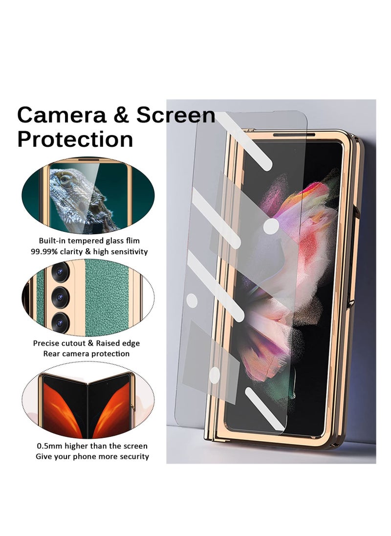 Generic Samsung Galaxy Z Fold 3 Case with Pen Holder, Back with bracket Leather Pattern Tempered Glass Screen Protector Plating All-Inclusive Hinge Protective Cover(Green)  - Image 2