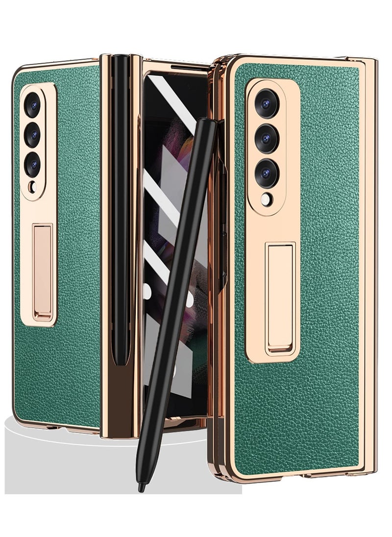 Generic Samsung Galaxy Z Fold 3 Case with Pen Holder, Back with bracket Leather Pattern Tempered Glass Screen Protector Plating All-Inclusive Hinge Protective Cover(Green)  - Image 1