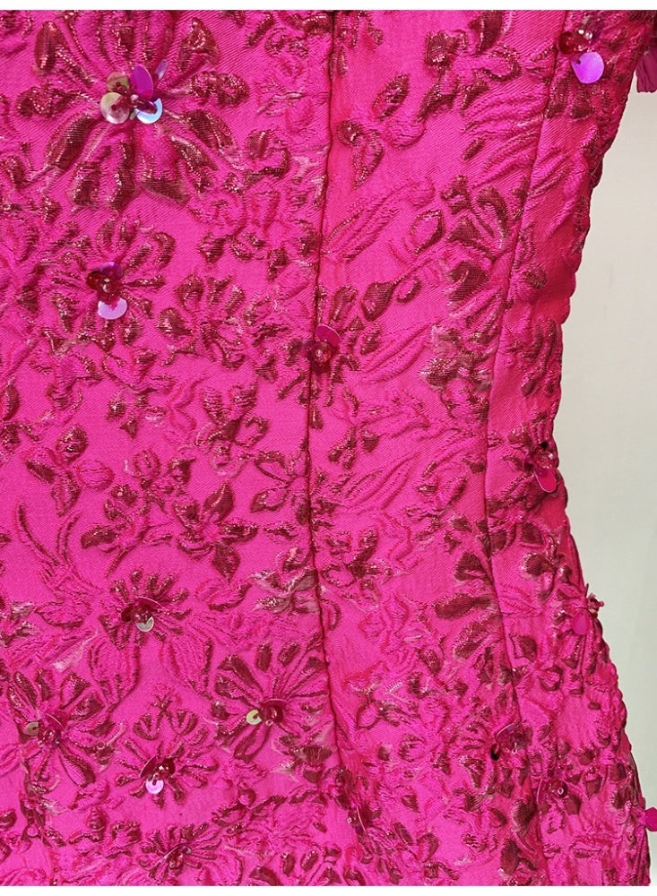 Star Fashion Rose Powder Series Jacquard Heavy Industry Beaded Short Sleeve Dress - Image 5
