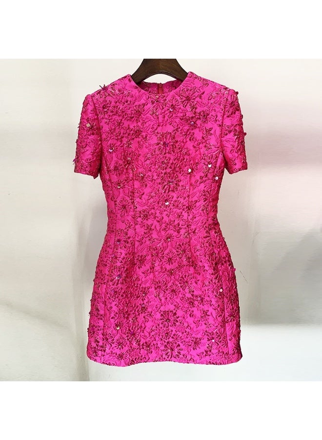 Star Fashion Rose Powder Series Jacquard Heavy Industry Beaded Short Sleeve Dress - Image 1