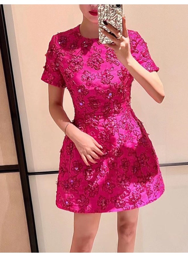 Star Fashion Rose Powder Series Jacquard Heavy Industry Beaded Short Sleeve Dress - Image 3