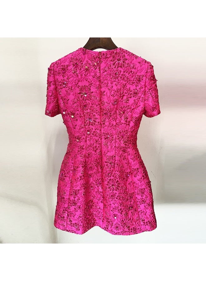 Star Fashion Rose Powder Series Jacquard Heavy Industry Beaded Short Sleeve Dress - Image 4