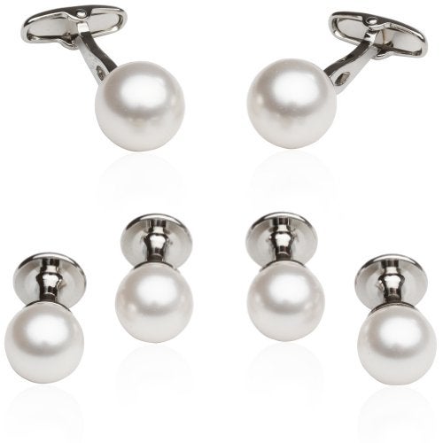 Cuff-Daddy Mens White Simulated Pearl Formal Set Cufflinks and Studs with Presentation Gift Box - Perfect for Wedding Travel - Image 1
