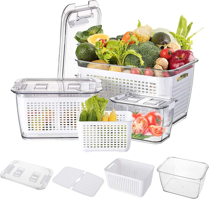 أكس سبرينج 3 عبوات BPAFree Fruit إنتاج حاويات تخزين التوفير لصناديق منظم الثلاجة مع استنزاف أبيض قابل للإزالة