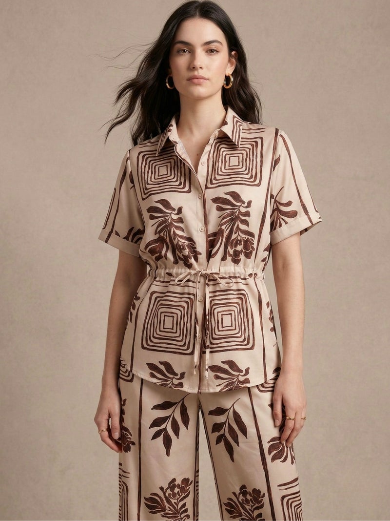 OUTZIDR Off White Printed Short Sleeve Casual Co-Ord Set - Image 4