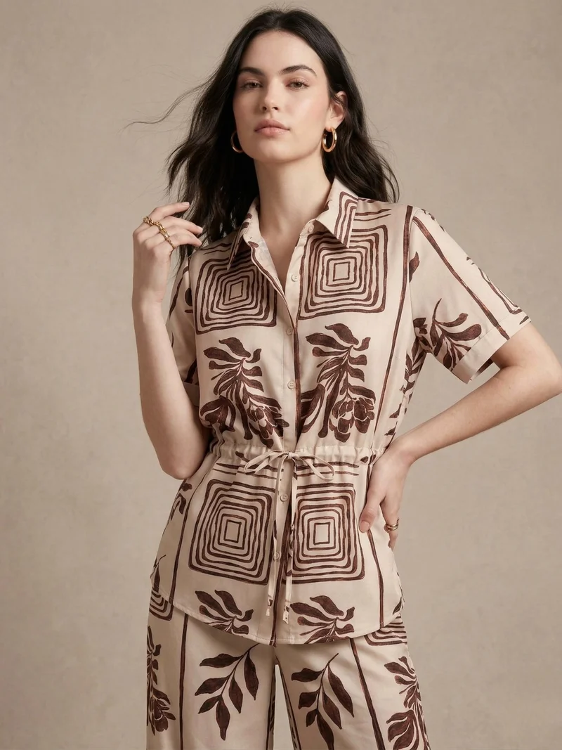 أوجيدر Off White Printed Short Sleeve Casual Co-Ord Set
