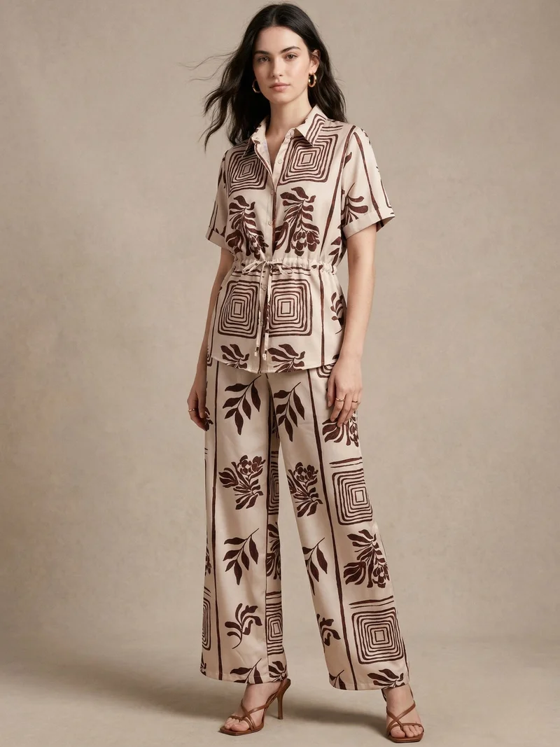 أوجيدر Off White Printed Short Sleeve Casual Co-Ord Set