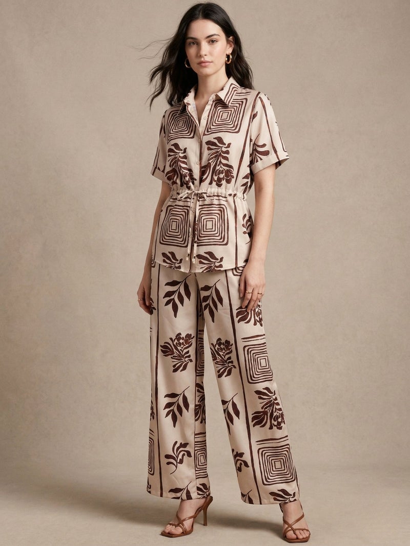 OUTZIDR Off White Printed Short Sleeve Casual Co-Ord Set - Image 1