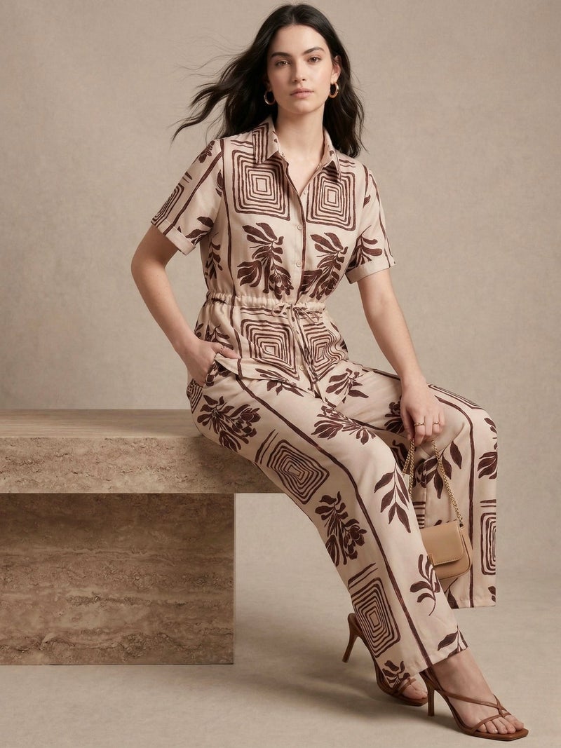 OUTZIDR Off White Printed Short Sleeve Casual Co-Ord Set - Image 5