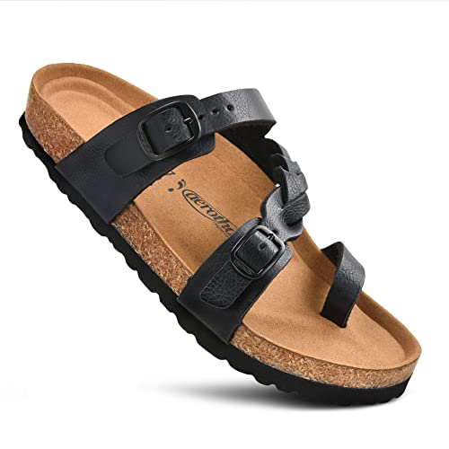 AEROTHOTIC Cork Comfortable Slides for Women Memory Form Suede Upper Footbed Slip on Footwear Open Toe Braided Adjustable Straps with Buckle Fashion Walking Travel Vacation Indoor Outdoor Womens Sandals (Seraph Black, Size 6) - Image 1
