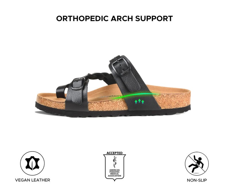 AEROTHOTIC Cork Comfortable Slides for Women Memory Form Suede Upper Footbed Slip on Footwear Open Toe Braided Adjustable Straps with Buckle Fashion Walking Travel Vacation Indoor Outdoor Womens Sandals (Seraph Black, Size 6) - Image 5