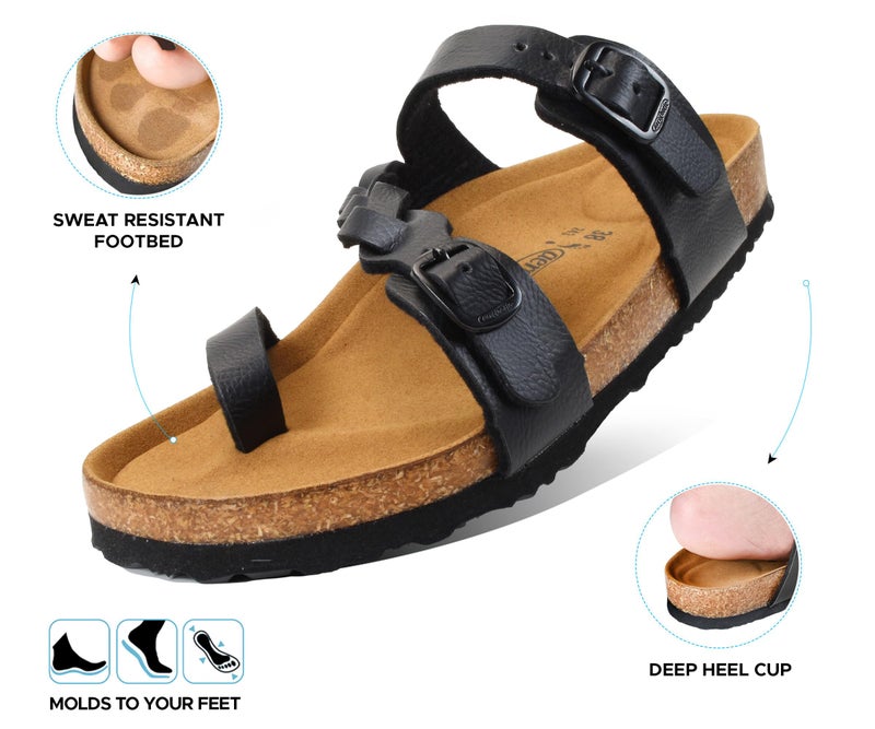 AEROTHOTIC Cork Comfortable Slides for Women Memory Form Suede Upper Footbed Slip on Footwear Open Toe Braided Adjustable Straps with Buckle Fashion Walking Travel Vacation Indoor Outdoor Womens Sandals (Seraph Black, Size 6) - Image 4