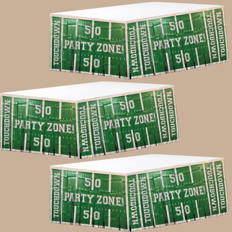 BASHOUT 3 Pack Football Party Zone Metallic Fringe Table Skirt, Green and White, 50 Yard Line Design, Game Day Decoration, Footbale Table Decoration - Image 1
