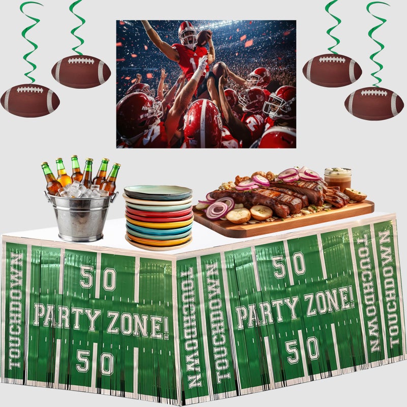 BASHOUT 3 Pack Football Party Zone Metallic Fringe Table Skirt, Green and White, 50 Yard Line Design, Game Day Decoration, Footbale Table Decoration - Image 3
