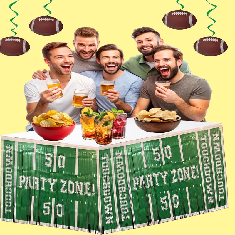 BASHOUT 3 Pack Football Party Zone Metallic Fringe Table Skirt, Green and White, 50 Yard Line Design, Game Day Decoration, Footbale Table Decoration - Image 4
