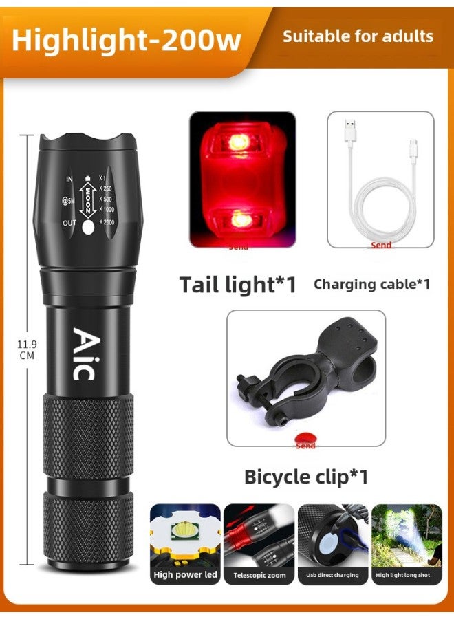 Bicycle Night Riding Headlight Rechargeable Waterproof Strong Light Flashlight Focus Long-range Mountain Bike Astigmatism Light Cycling Outfit-Product Specifications:High Brightness-200w USB Direct Charging Car Clip + Zoomable + Tail Light  - Image 1