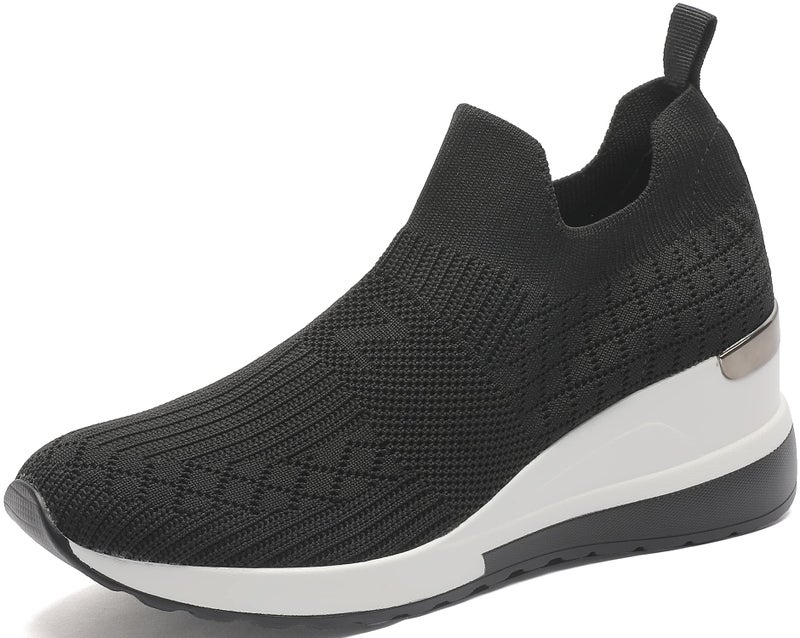 YZ High Heel Black Wedge Sneakers for Women Knit Upper Breathable Shoes (Black, 8) - Image 1