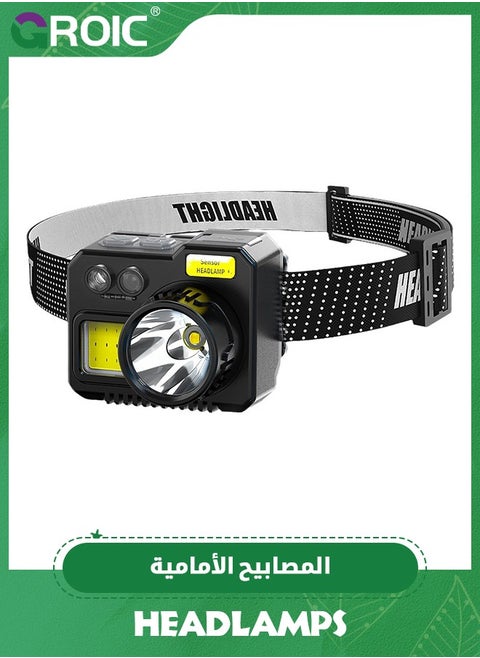 Rechargeable LED Headlamp, Lightweight Head Lamp with 7 Modes with Motion Sensor, 45°Adjustable Headlamp Flashlight, Waterproof Head Lamp for Camping, Running, Climbing, Hiking