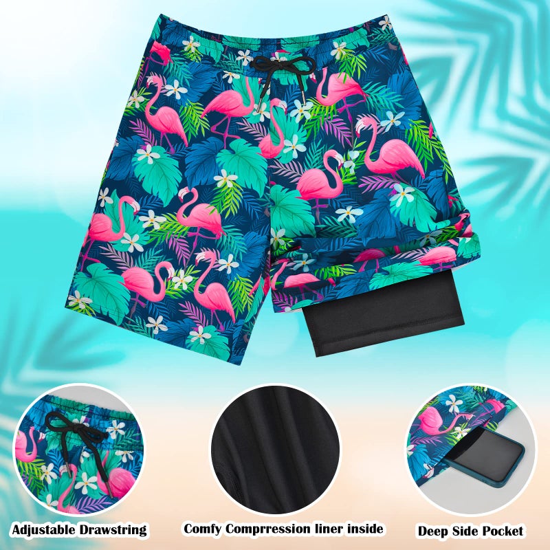 OlyPegic Boys Swim Trunks Size 10-12, Boy Swim Shorts Boy Bathing Suit Swimsuit Kids Swimwear Board Shorts with Boxer Brief Liner Compression Toddler Beach Running Swim Trunks (Flamingo) - Image 2