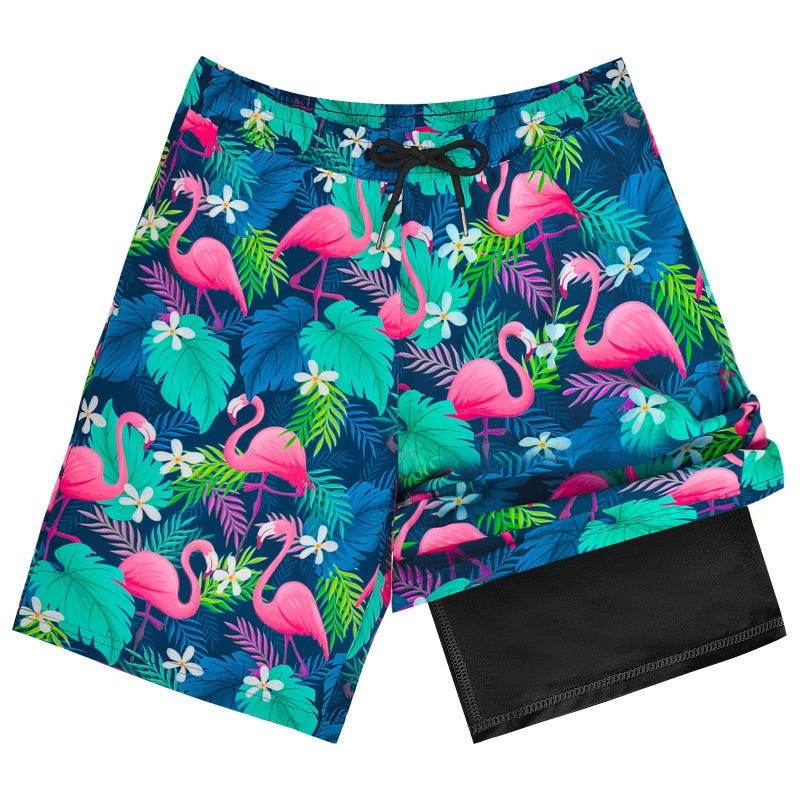 OlyPegic Boys Swim Trunks Size 10-12, Boy Swim Shorts Boy Bathing Suit Swimsuit Kids Swimwear Board Shorts with Boxer Brief Liner Compression Toddler Beach Running Swim Trunks (Flamingo) - Image 1