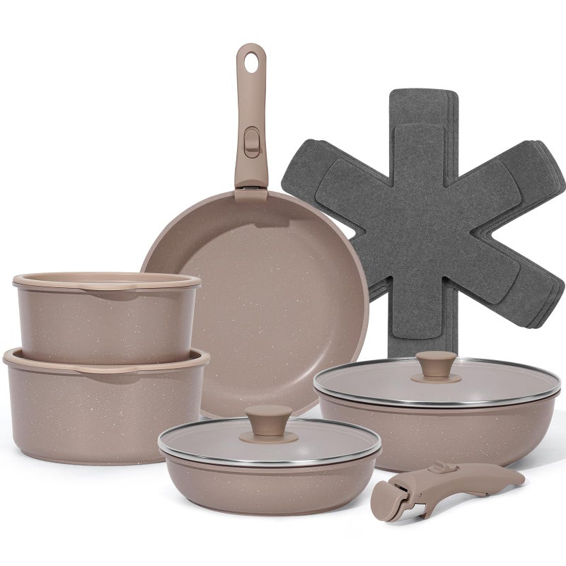 SODAY 15Pcs Pots and Pans Set Non Stick Cookware Sets with Detachable Handle Nonstick RV Kitchen Cooking Tools Removable Handles Oven Safe Induction Fast Stackable Induction Cookware Brown