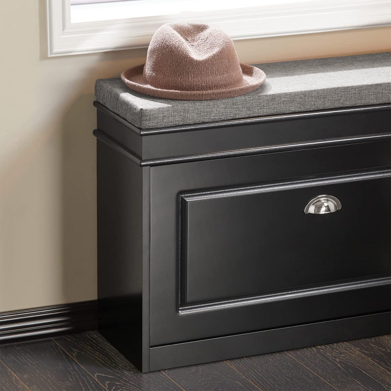 Haotian Black Hallway Shoe Bench, Narrow Shoe Rack Entryway, Small Shoe Cabinet with Flip-Drawer and Seat Cushion, FSR82-K-SCH - Image 5
