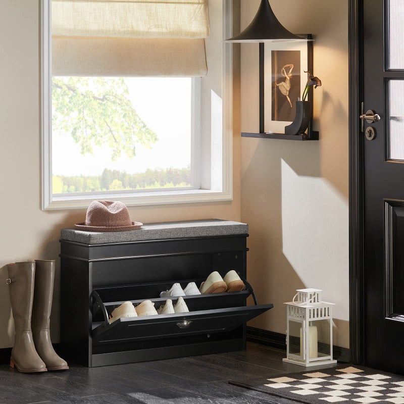 Haotian Black Hallway Shoe Bench, Narrow Shoe Rack Entryway, Small Shoe Cabinet with Flip-Drawer and Seat Cushion, FSR82-K-SCH - Image 2