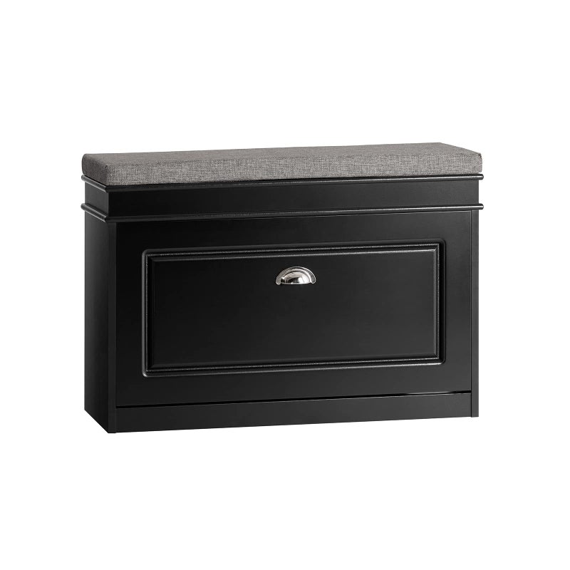 Haotian Black Hallway Shoe Bench, Narrow Shoe Rack Entryway, Small Shoe Cabinet with Flip-Drawer and Seat Cushion, FSR82-K-SCH - Image 1